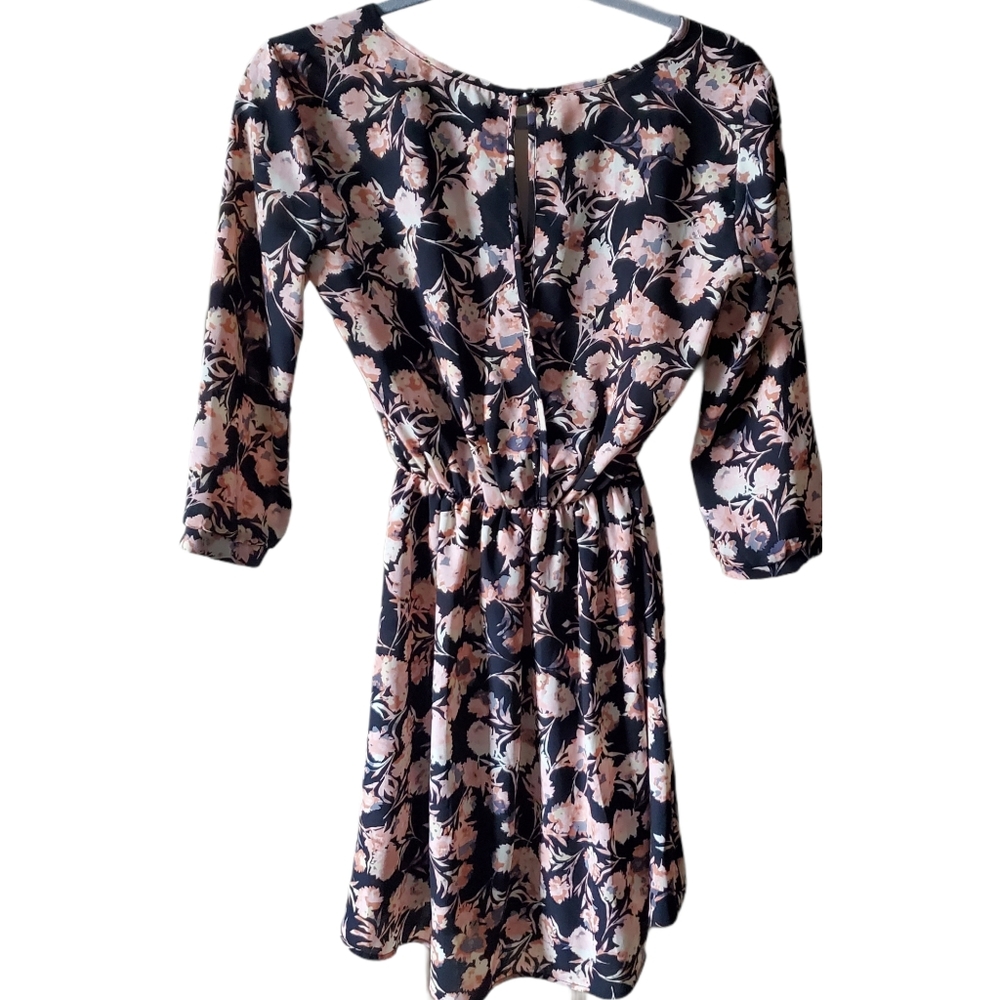 LUSH | Black & Pink Floral Long Sleeve Faux Wrap Mini Dress | Size XS